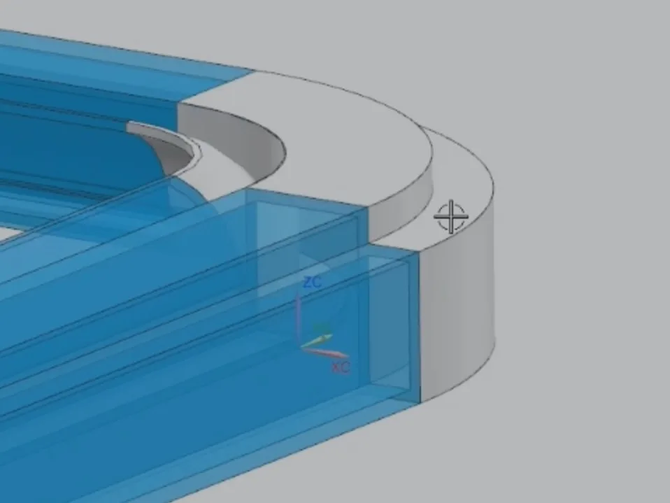 CAD view of the 3D printed corner piece in grey, shown mating against the blue aluminium extrusion profile with the LED channel running through both