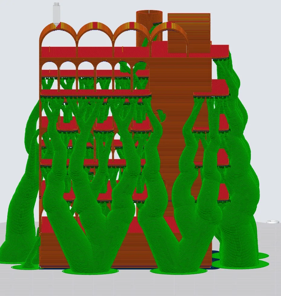 Close-up of the sliced model showing tree supports packed beneath each floor slab and reaching up into the rows of arched openings
