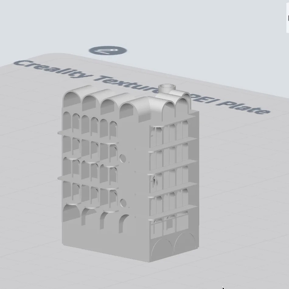 An architecture student's building model loaded in the slicer on a Creality textured PEI plate, showing five floors of arched openings and cantilevered slabs