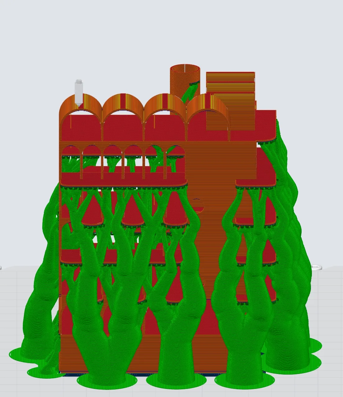 Slicer preview of the architecture model with green tree supports rising around and through the building to hold up every cantilevered slab